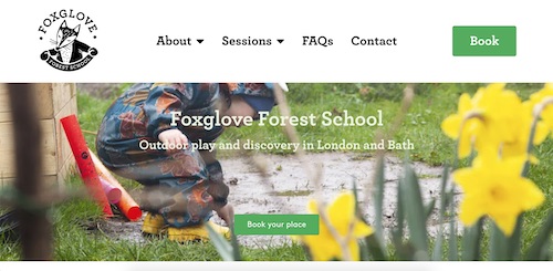 A screenshot of the homepage of the Foxglove Forest School website.