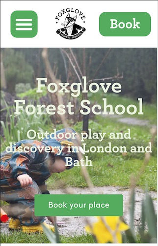 A mobile screenshot of the homepage of the Foxglove Forest School website.
