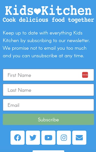 A screenshot of the footer of the Kids Kitchen website on mobile.